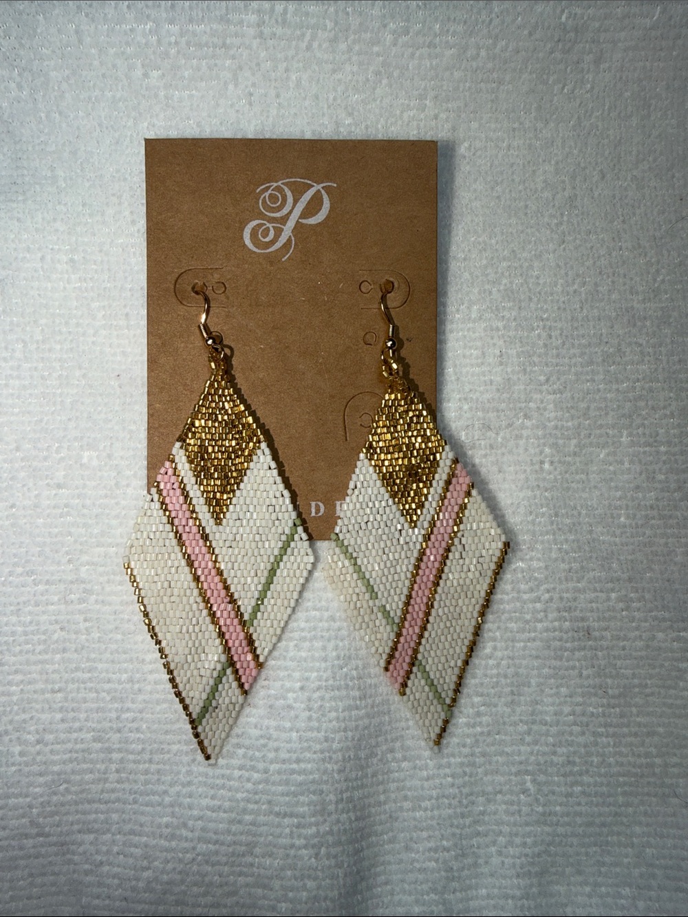 Plunder Pink, White & Gold Beaded Chevron Drop Earrings